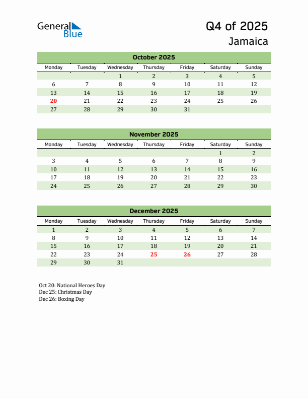 Quarterly Calendar 2025 with Jamaica Holidays