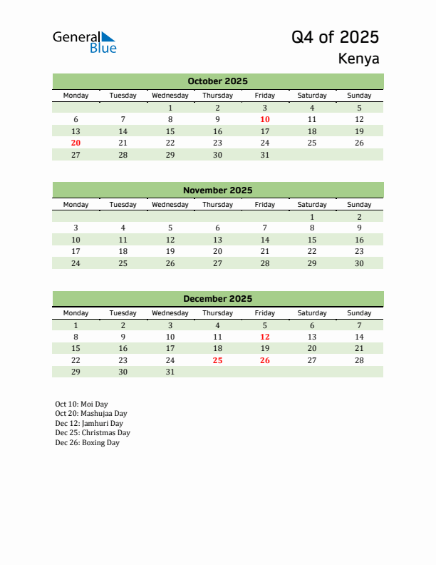 Quarterly Calendar 2025 with Kenya Holidays