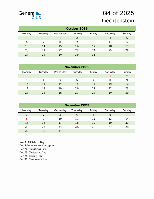 Quarterly Calendar 2025 with Liechtenstein Holidays