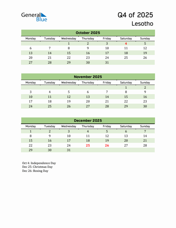 Quarterly Calendar 2025 with Lesotho Holidays