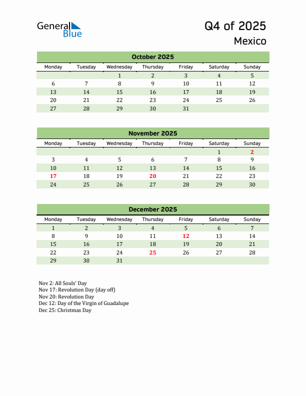 Quarterly Calendar 2025 with Mexico Holidays