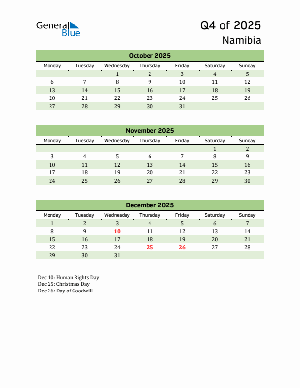 Quarterly Calendar 2025 with Namibia Holidays