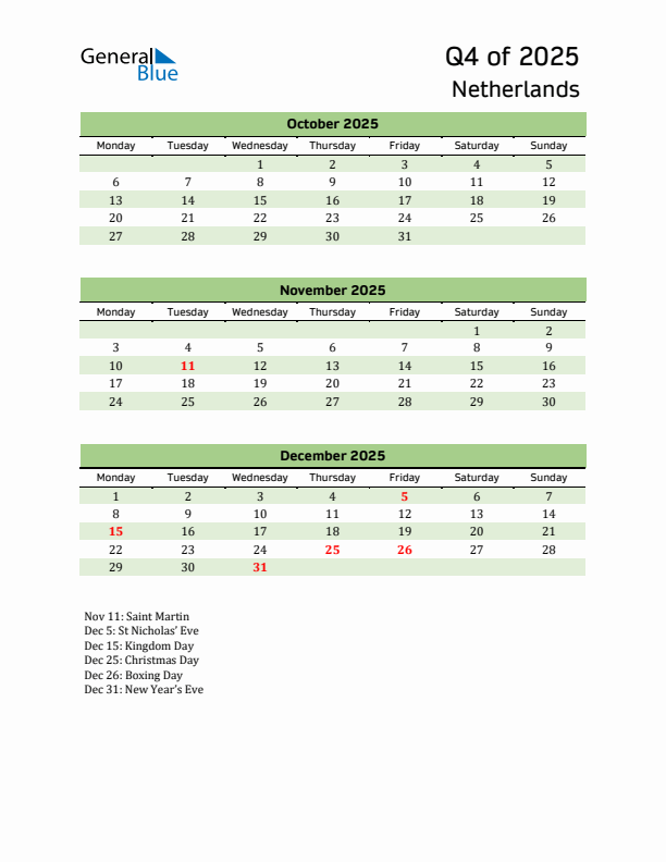 Quarterly Calendar 2025 with The Netherlands Holidays