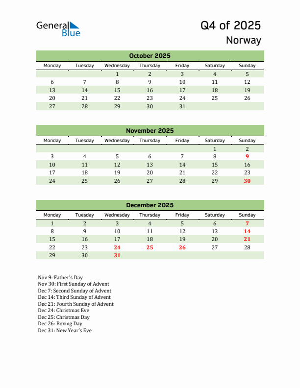 Quarterly Calendar 2025 with Norway Holidays