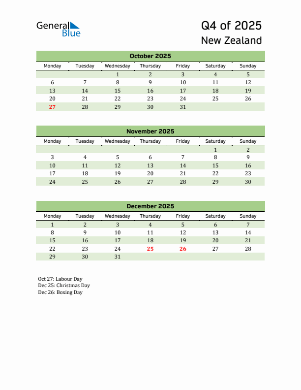 Quarterly Calendar 2025 with New Zealand Holidays