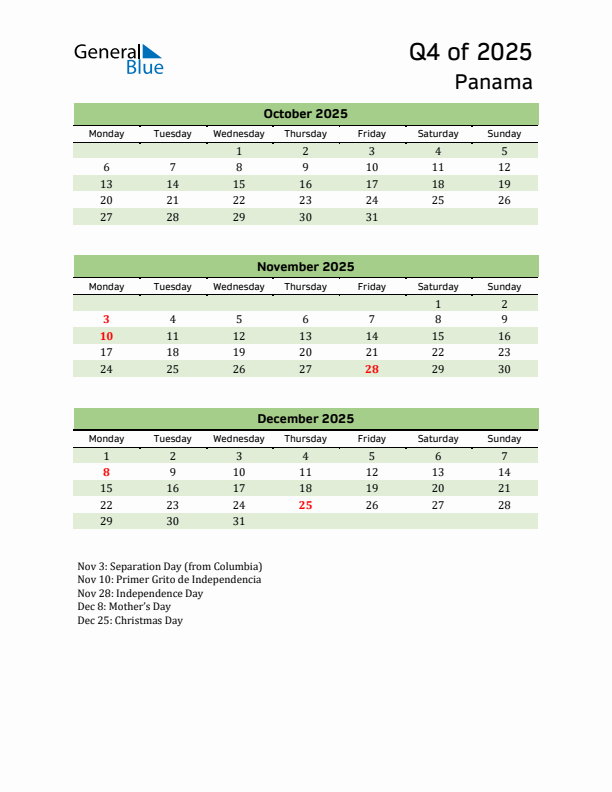 Quarterly Calendar 2025 with Panama Holidays