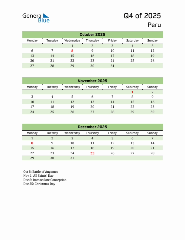 Quarterly Calendar 2025 with Peru Holidays