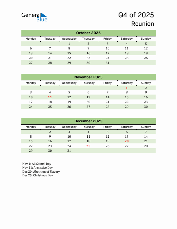 Quarterly Calendar 2025 with Reunion Holidays