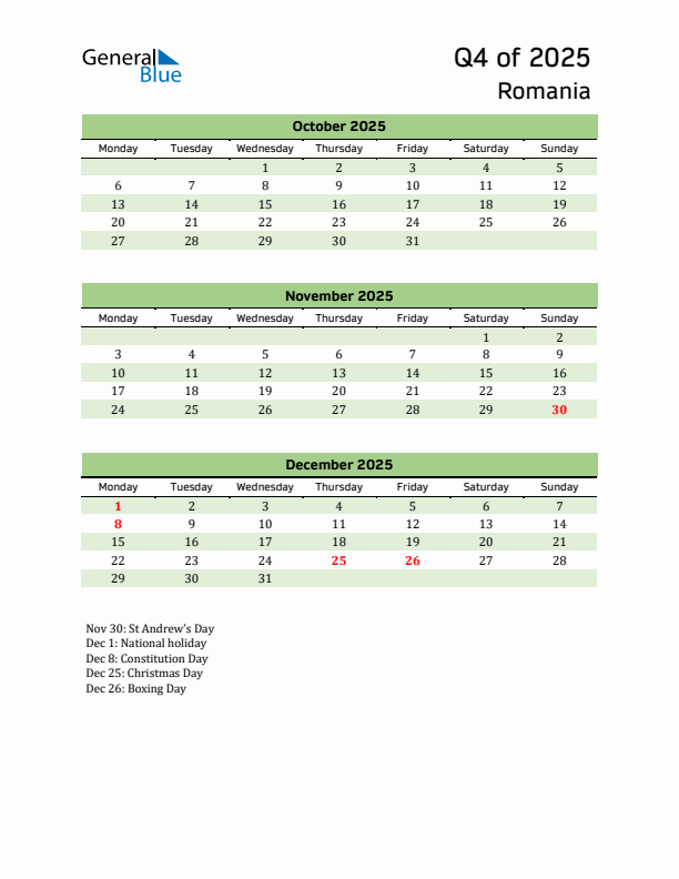 Quarterly Calendar 2025 with Romania Holidays