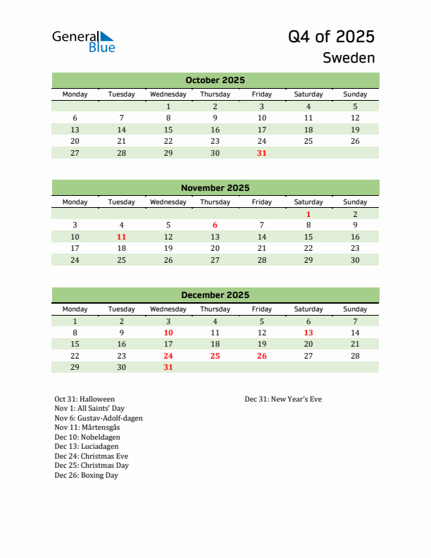 Quarterly Calendar 2025 with Sweden Holidays