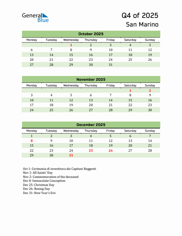 Quarterly Calendar 2025 with San Marino Holidays