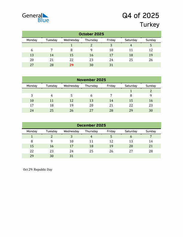 Quarterly Calendar 2025 with Turkey Holidays