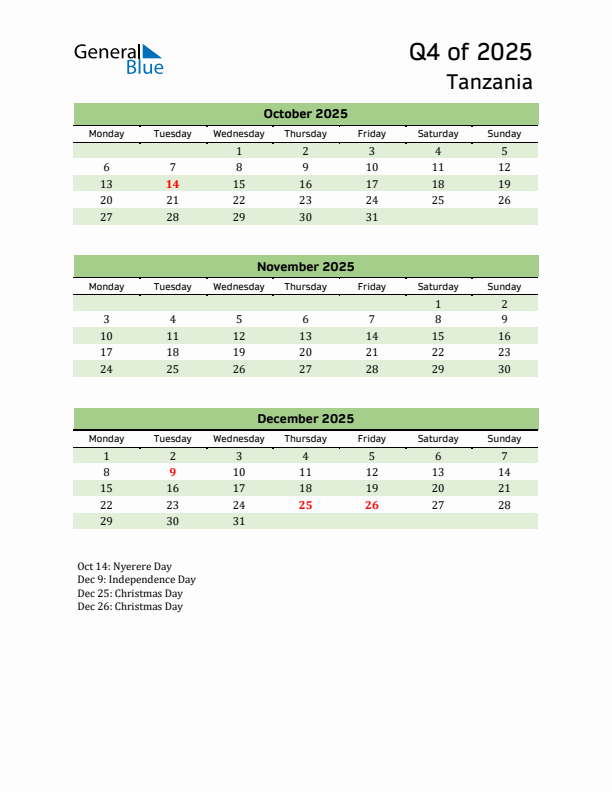 Quarterly Calendar 2025 with Tanzania Holidays