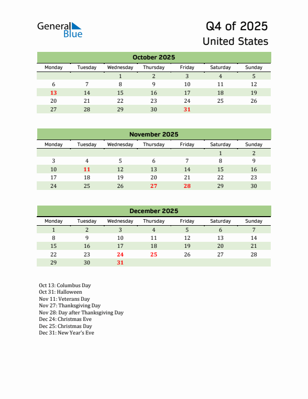 Quarterly Calendar 2025 with United States Holidays