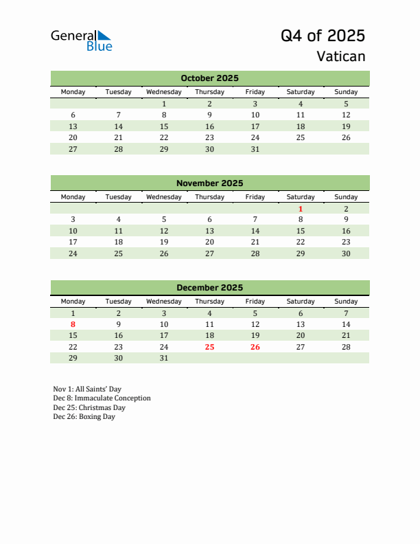 Quarterly Calendar 2025 with Vatican Holidays