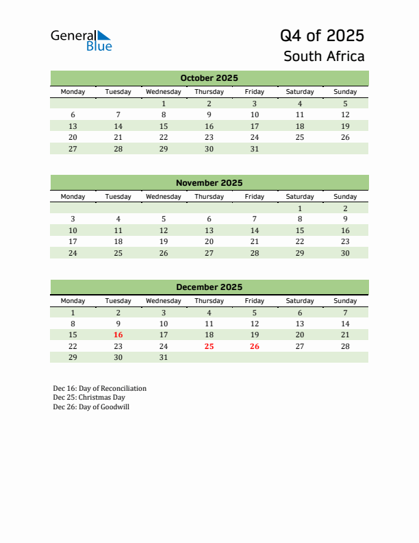 Quarterly Calendar 2025 with South Africa Holidays