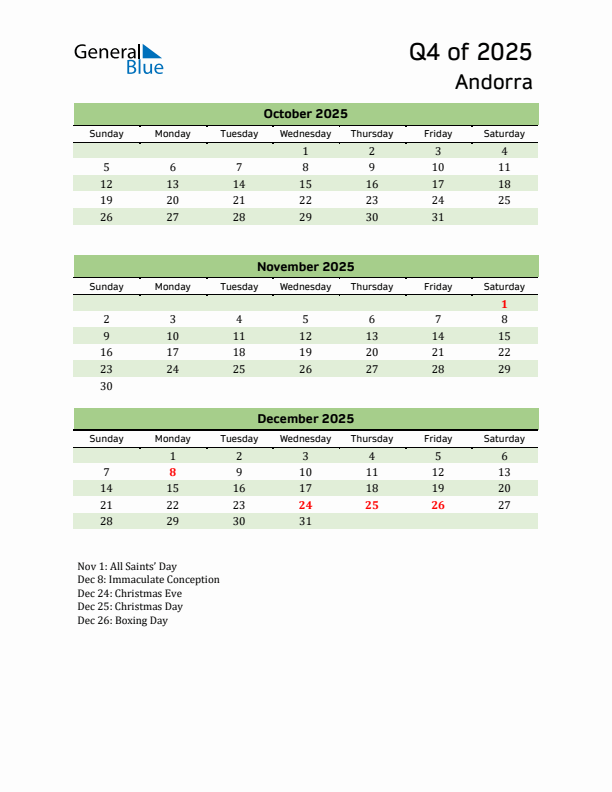 Quarterly Calendar 2025 with Andorra Holidays