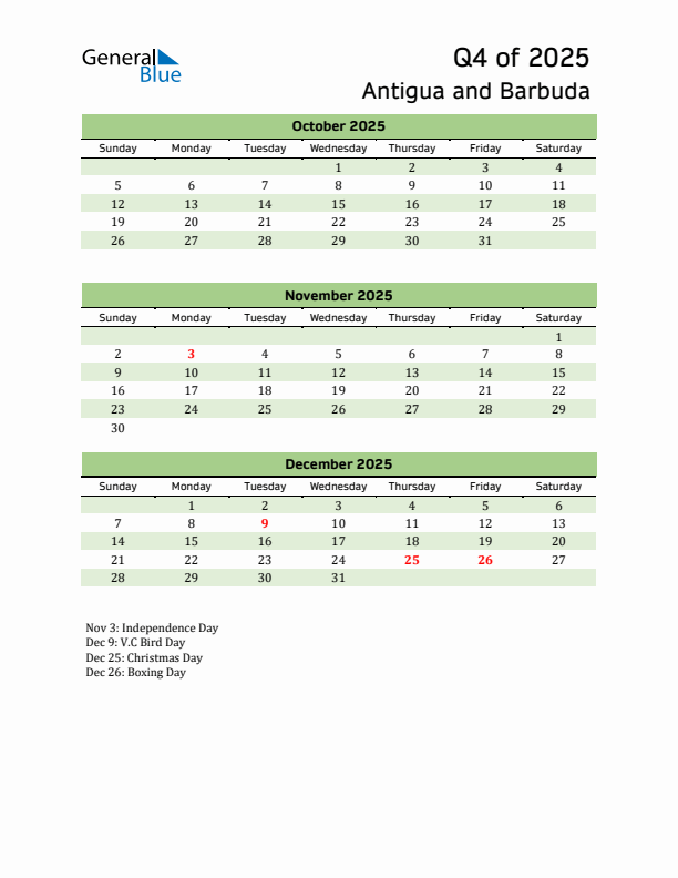 Quarterly Calendar 2025 with Antigua and Barbuda Holidays