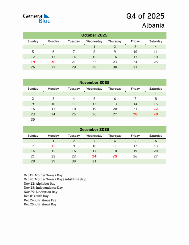 Quarterly Calendar 2025 with Albania Holidays