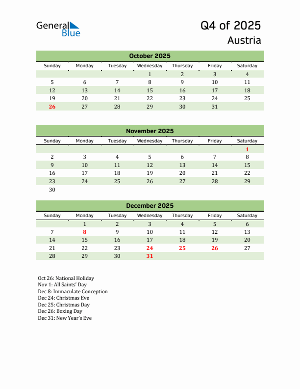 Quarterly Calendar 2025 with Austria Holidays