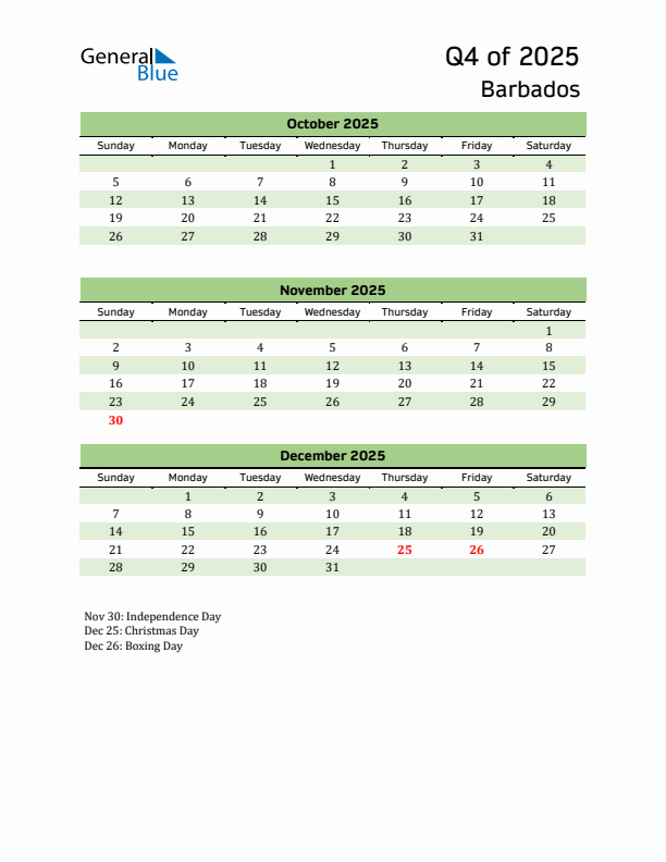 Quarterly Calendar 2025 with Barbados Holidays