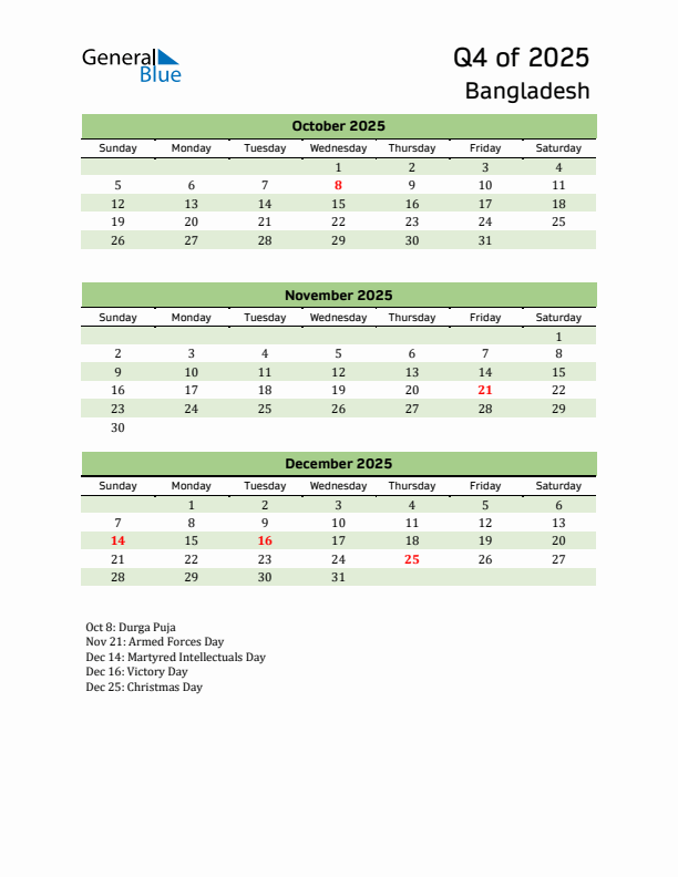 Quarterly Calendar 2025 with Bangladesh Holidays