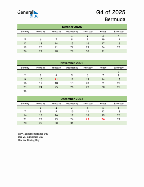 Quarterly Calendar 2025 with Bermuda Holidays