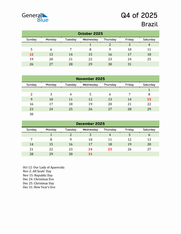 Quarterly Calendar 2025 with Brazil Holidays