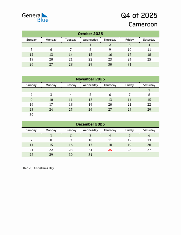 Quarterly Calendar 2025 with Cameroon Holidays