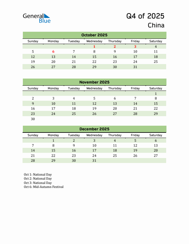 Quarterly Calendar 2025 with China Holidays