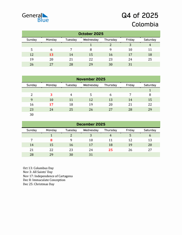 Quarterly Calendar 2025 with Colombia Holidays