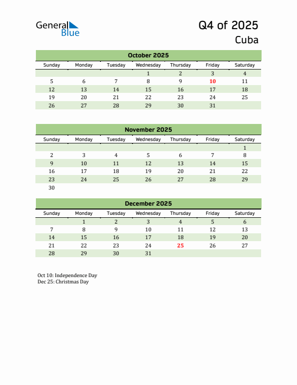 Quarterly Calendar 2025 with Cuba Holidays