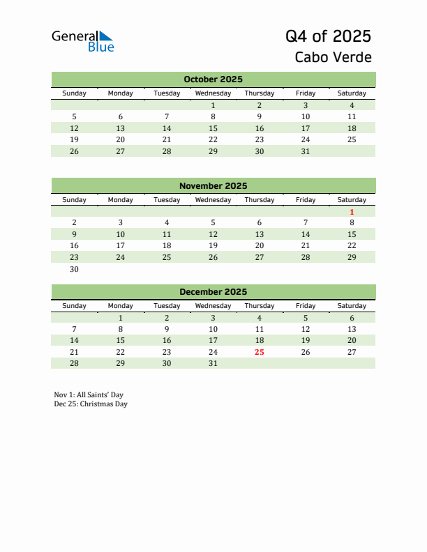 Quarterly Calendar 2025 with Cabo Verde Holidays