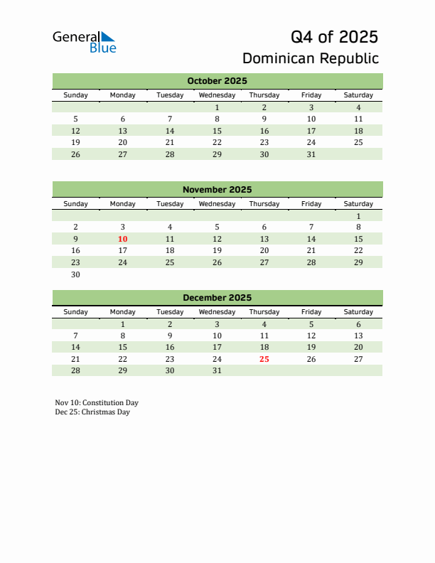 Quarterly Calendar 2025 with Dominican Republic Holidays