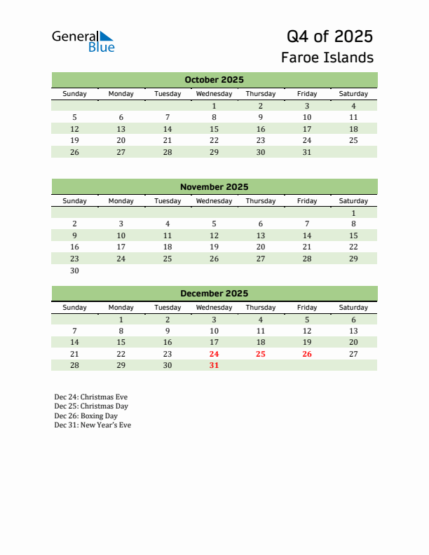 Quarterly Calendar 2025 with Faroe Islands Holidays