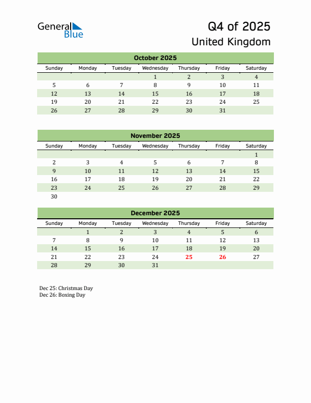 Quarterly Calendar 2025 with United Kingdom Holidays