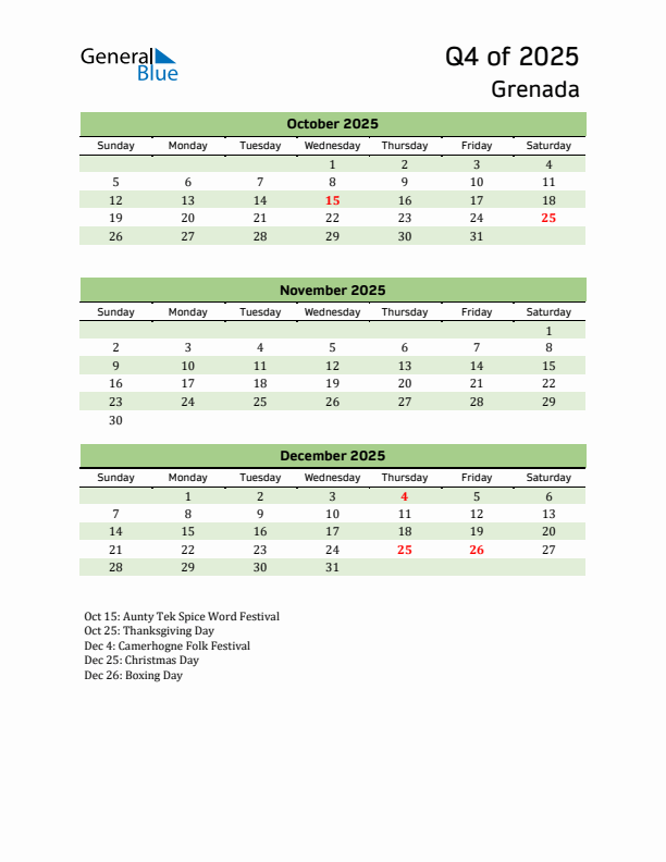 Quarterly Calendar 2025 with Grenada Holidays