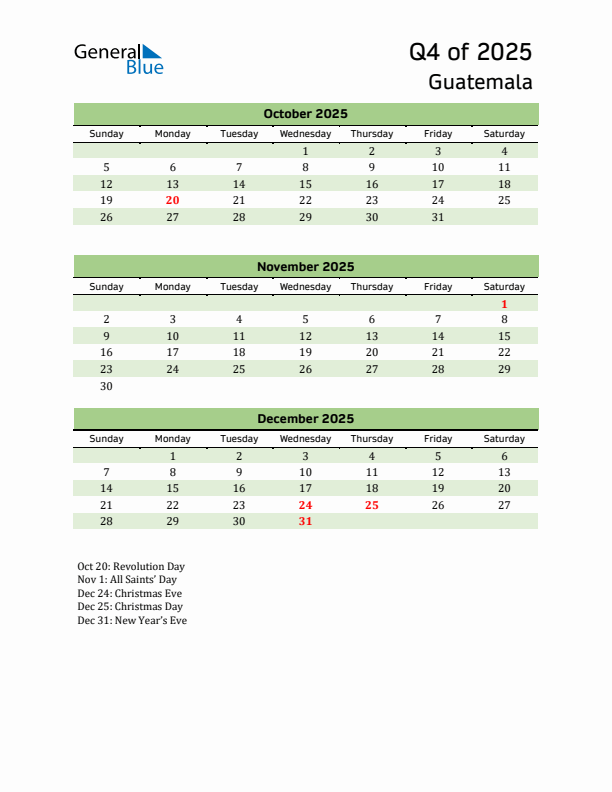 Quarterly Calendar 2025 with Guatemala Holidays