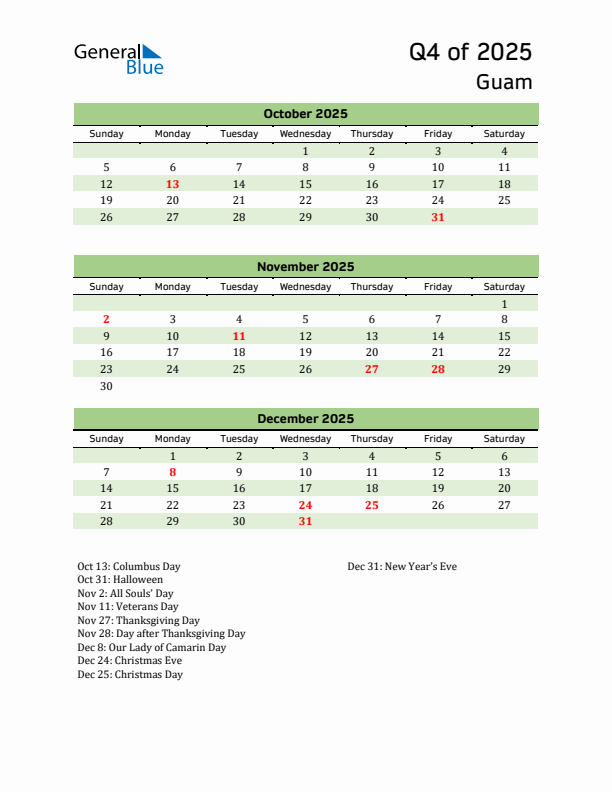 Quarterly Calendar 2025 with Guam Holidays