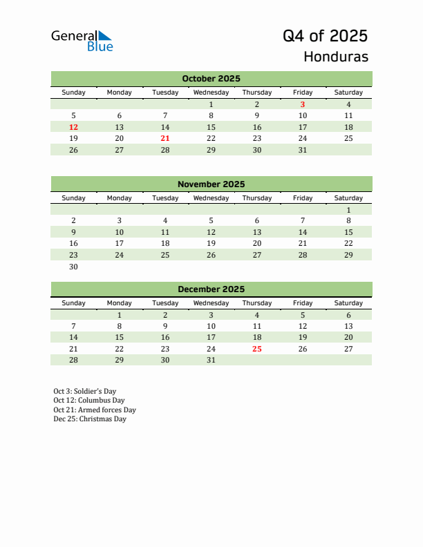 Quarterly Calendar 2025 with Honduras Holidays