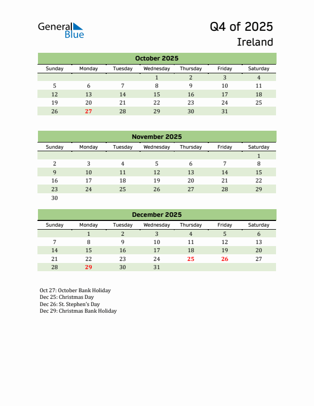 Quarterly Calendar 2025 with Ireland Holidays