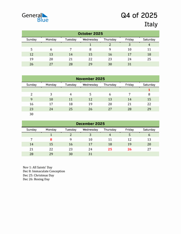 Quarterly Calendar 2025 with Italy Holidays