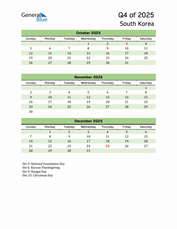 Quarterly Calendar 2025 with South Korea Holidays