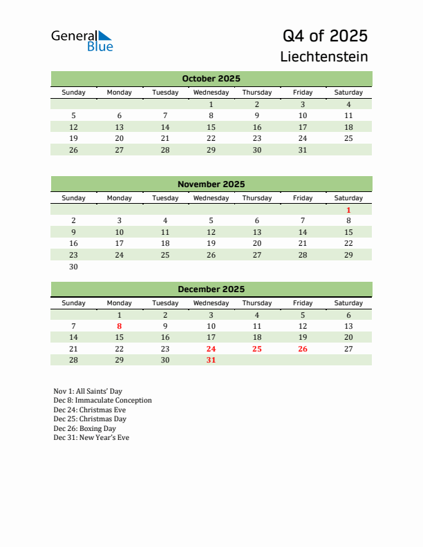 Quarterly Calendar 2025 with Liechtenstein Holidays