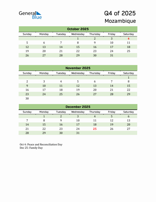 Quarterly Calendar 2025 with Mozambique Holidays