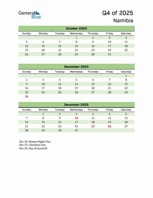 Quarterly Calendar 2025 with Namibia Holidays