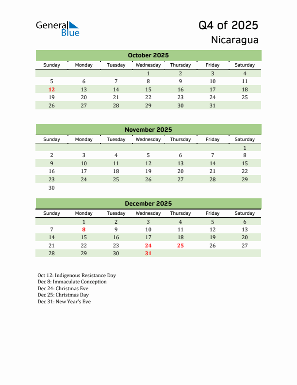 Quarterly Calendar 2025 with Nicaragua Holidays