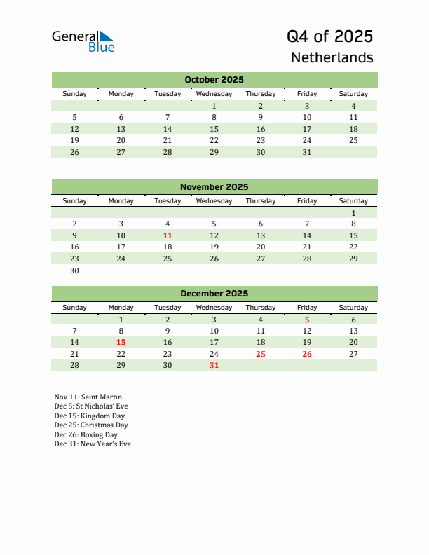 Quarterly Calendar 2025 with The Netherlands Holidays