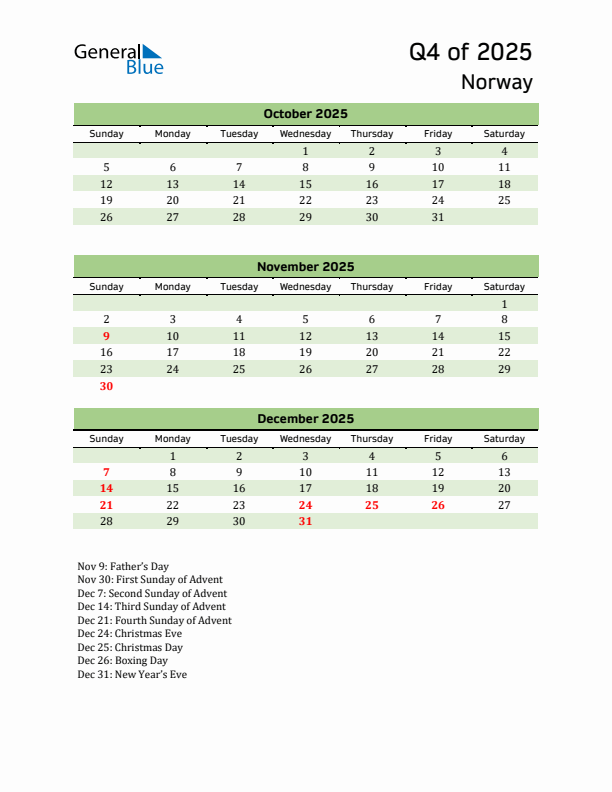 Quarterly Calendar 2025 with Norway Holidays