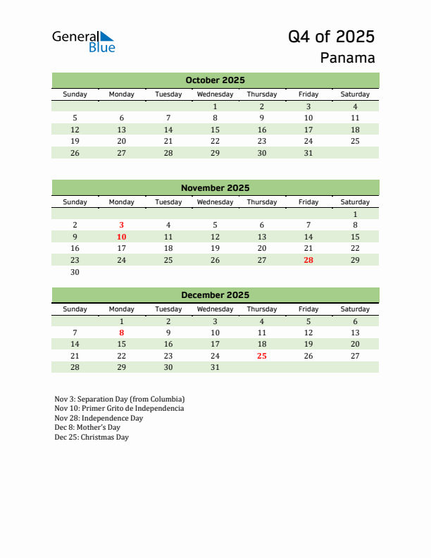 Quarterly Calendar 2025 with Panama Holidays